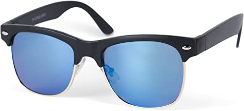 styleBREAKER Kinder Sonnenbrille mit Ovalen Gläsern Kunststoff Metall Rahmen, Polycarbonat Gläsern, Retro 09020135, Farbe:Gestell Schwarz-Gold/Glas Blau verspiegelt von styleBREAKER