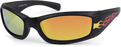 styleBREAKER Kinder Sport Sonnenbrille mit Flammen Print, Kunststoff Rahmen und Polycarbonat Gläser, Vollrand 09020089, Farbe:Gestell Schwarz/Glas Gelb verspiegelt von styleBREAKER