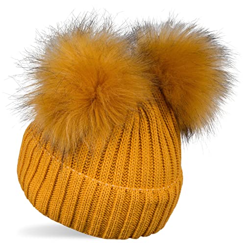 styleBREAKER Kinder Strick Bommelmütze mit 2 Kunstfellbommel und Fleece Futter, Winter Mütze, Strickmütze, 2-5 Jahre 04024203, Farbe:Curry von styleBREAKER