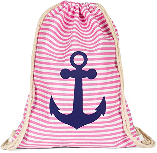 styleBREAKER Turnbeutel Rucksack im maritimen Design mit Streifen und Anker Print, Sportbeutel, Unisex 02012052, Farbe:Rosa-Weiß/Dunkelblau von styleBREAKER