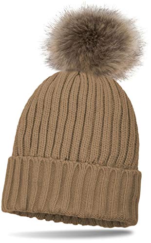 styleBREAKER Kinder Strick Bommelmütze mit Perlrippen Muster und Thermo-Fleece Futter, Winter Strickmütze mit Kunstfell Bommel 04024031, Farbe:Camel von styleBREAKER