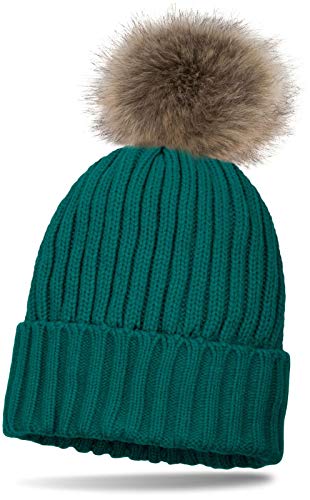 styleBREAKER Kinder Strick Bommelmütze mit Perlrippen Muster und Thermo-Fleece Futter, Winter Strickmütze mit Kunstfell Bommel 04024031, Farbe:Petrol von styleBREAKER