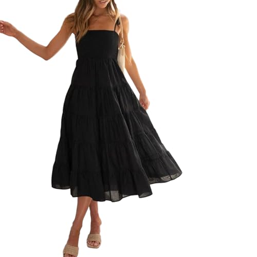 Damen Boho-Maxikleid, sexy Spaghettiträger, ärmelloses Kleid, gesmokt, Abgestuft, A-Linie, fließendes Maxikleid, Strand-Sommerkleid, modische Kleidung von sujinxiu