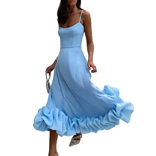 Damen Boho Spaghetti-Trägerkleid Sexy Tiefer Karree-Ausschnitt Rüschen A-Linie Kleid Sommermode Ärmelloses Strand-Swing-Kleid für Party Streetwear von sujinxiu