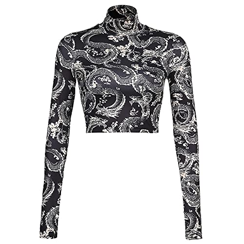 Damen Dragon Print Short Crop Top Patchwork High-Neck Stretch Slim Langarm T-Shirt für Streetwear von sujinxiu