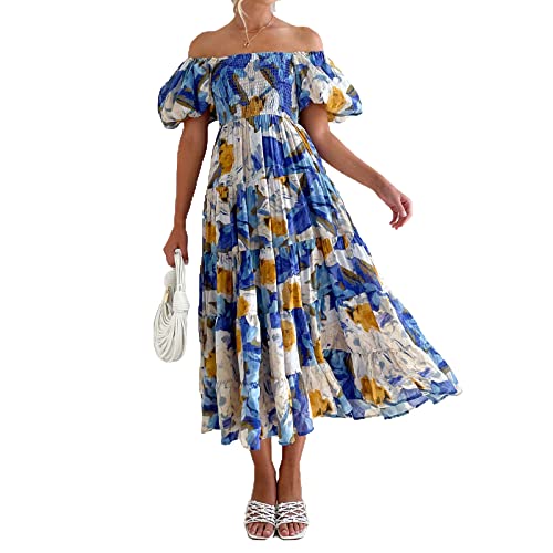 Damen-Kleid mit quadratischem Ausschnitt, Puffärmeln, Boho-Blumendruck, fließendes Kleid, Sommerkleid, gesmokt, A-Linie, Abgestuft, für Strand, Party, Club, Streetwear von sujinxiu