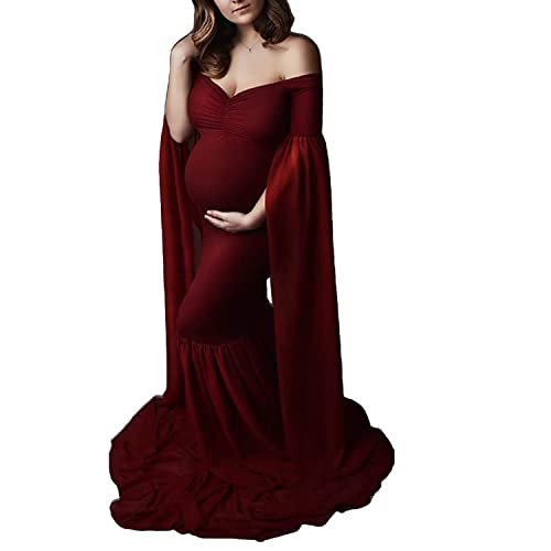 Schulterfreies Umstands-Maxi-Fotografiekleid für Damen, elegantes, schmal geschnittenes Tüll-Maxikleid, Hochzeit, Meerjungfrau-Front-Split-Maxi-Schwangerschaftskleid für Fotoshooting, Babyparty von sujinxiu