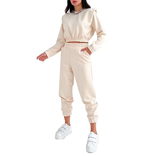 sujinxiu Damen 2-teilige Outfits Langarm-Crop-Tops + Jogger-Hosen-Sets, modischer einfarbiger Workout-Trainingsanzug Sweatsuits Set Streetwear von sujinxiu