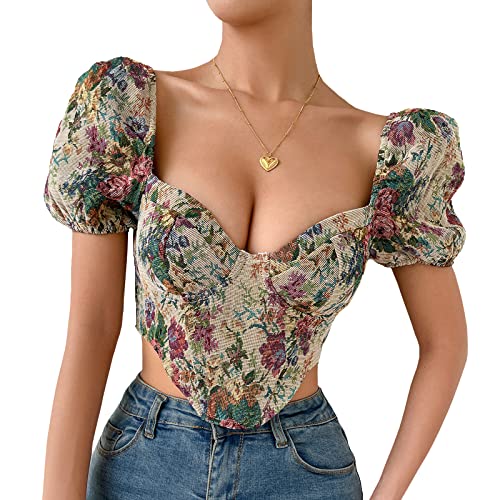 sujinxiu Damen Blumenstickerei Korsett Bustier Crop Top Sexy Vintage Stickerei bedruckt Puff Kurzarm Top Slim Fit Korsett Crop Top Party Club Streetwear von sujinxiu