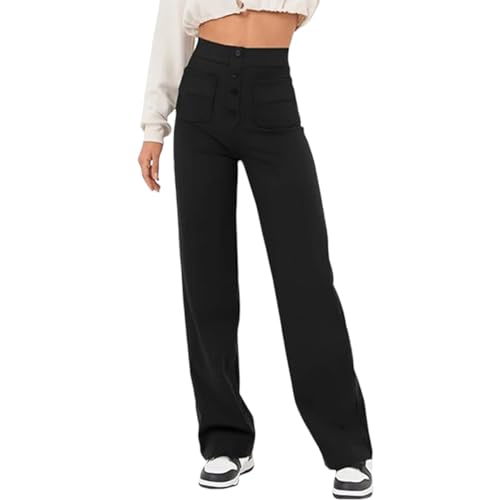 sujinxiu Damen-Business-Hose mit hoher Taille, Knopfleiste, Dehnbare Business-Arbeitshose, lässige, hoch taillierte Hose mit geradem Bein und Taschen von sujinxiu