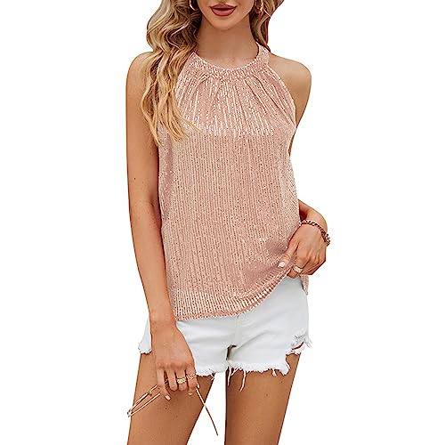 sujinxiu Damen Pailletten Neckholder Weste Mode Sparkle Pailletten Tank Tops Sommer Einfarbig Neckholder Ärmellos Glitzer Tank Tops für Party Club Streetwear von sujinxiu