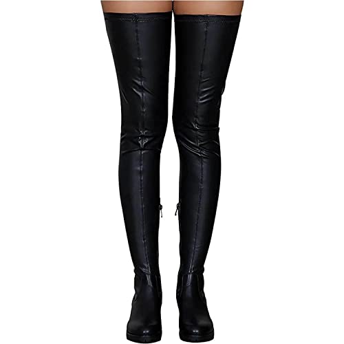 sujinxiu Damen Stretch Hohe Stiefel Kunstleder Overknee Stiefel Sexy Reißverschluss Runde Zehe Niedriger Chunky Heel Reiten Overknee Stiefel von sujinxiu