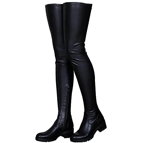 sujinxiu Damen Stretch Hohe Stiefel Kunstleder Overknee Stiefel Sexy Reißverschluss Runde Zehe Niedriger Chunky Heel Reiten Overknee Stiefel von sujinxiu