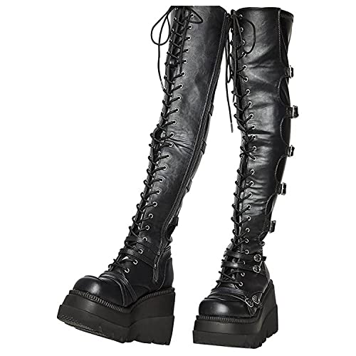 sujinxiu Damen Stretch Hohe Stiefel Kunstleder Overknee Stiefel Sexy Reißverschluss Runde Zehe Niedriger Chunky Heel Reiten Overknee Stiefel von sujinxiu