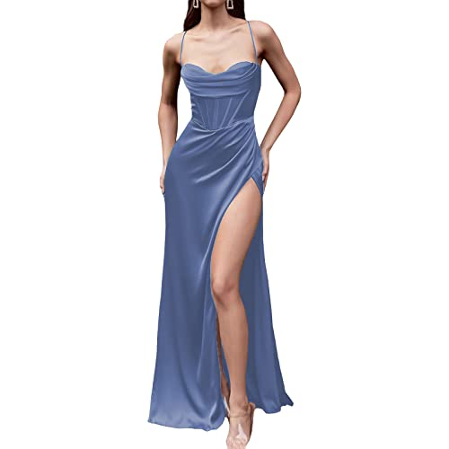 sujinxiu Frauen Sexy High Silt Satin Partykleid Einfarbig Spaghettiträger Ärmelloses Satin Abendkleid Schlitz Korsett Abend Formale Partykleider von sujinxiu