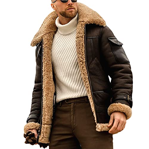 sujinxiu Herren Lederjacken Reißverschluss Heavyweight Plus Size Mantel Dickes Fell Motorradjacke mit Taschen Casual Outwear von sujinxiu