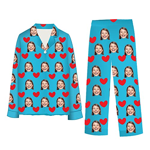 sujinxiu Personalisiertes Foto-Gesicht-Pyjama-Set für Damen und Herren, individuelles Foto-Gesicht Loungewear-Pyjama-Sets, personalisiertes lustiges Langarm-Gesicht-Nachtwäsche-Set von sujinxiu
