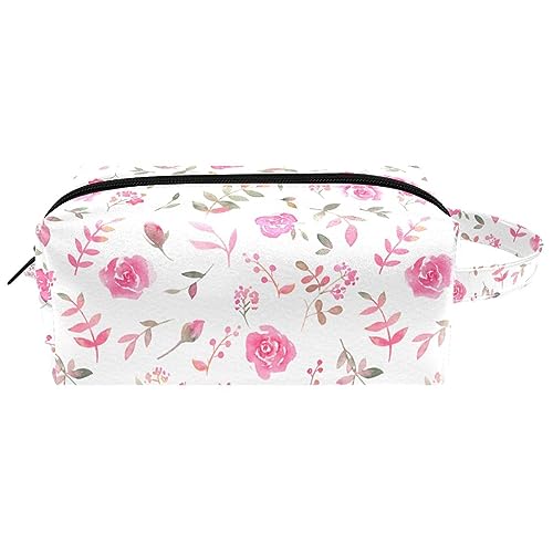 Make-up-Tasche für Frauen,Leder-Kosmetiktasche,Reise-Make-up-Tasche,rosa Rosenblume Drucken von suojapuku