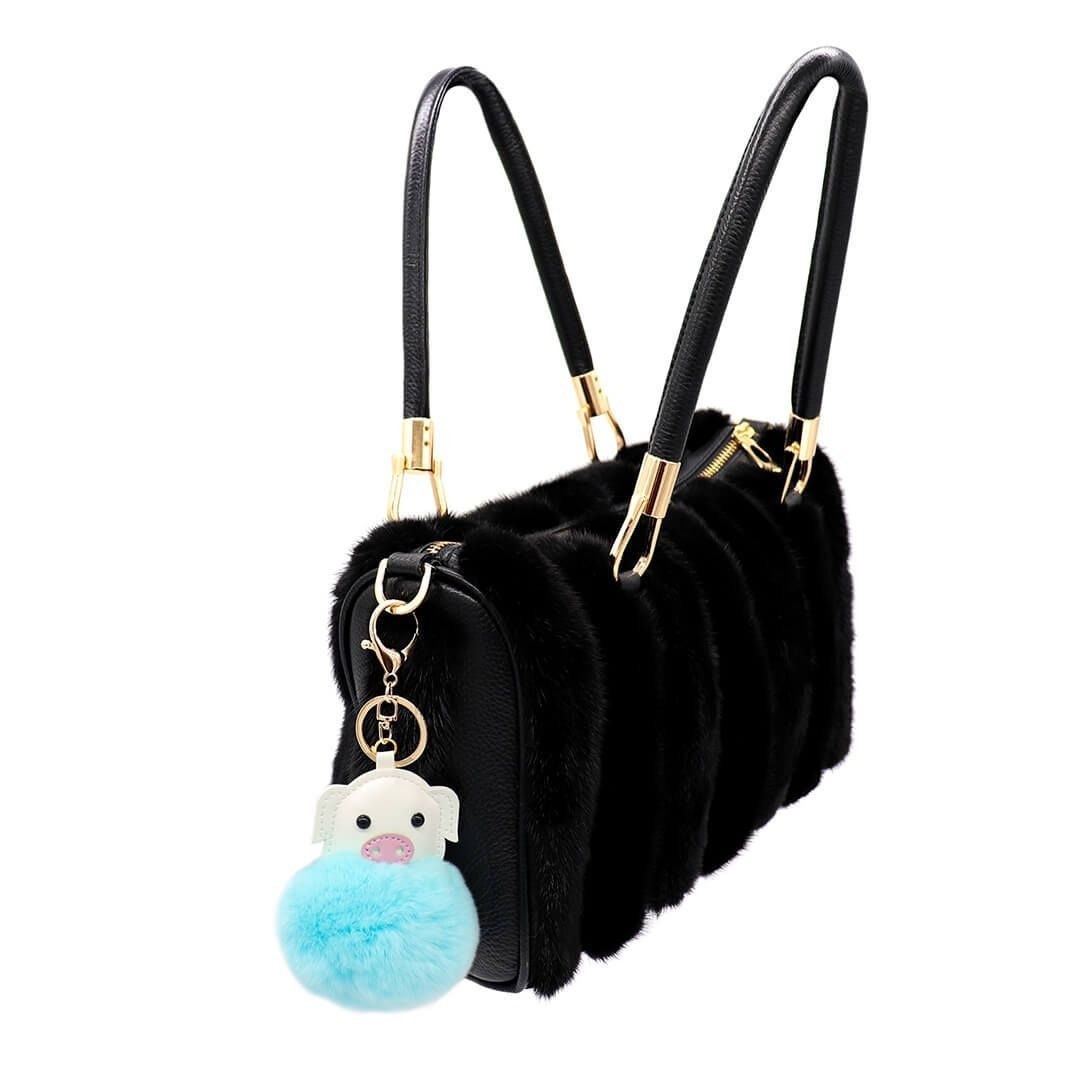 Rex Kaninchen Fell Schwein Schlüsselanhänger - Strand Tasche Anhänger Pompom Flauschiger Ball Mode Geschenk Kinder Plüschtier Rucksack Petrol von surellaccessories