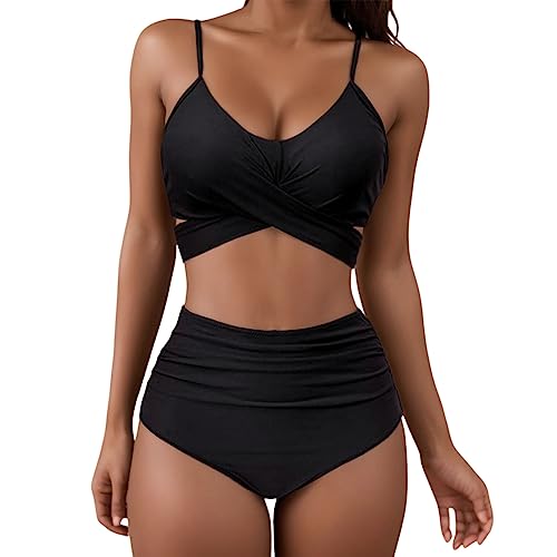 sutelang lurryly Badeanzug Damen Zweiteiliger High Waist Push Up Sexy V Ausschnitt Brustfalte überkreuztes Blumenmuster Bikini Set Bademod Große Brüste Badeanzug Bauchweg Triangel Bikini von sutelang lurryly