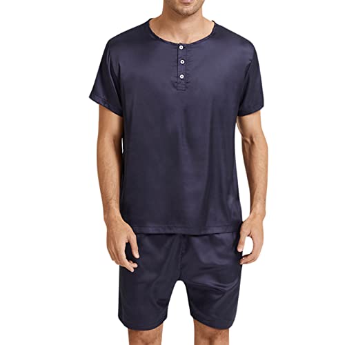 sutelang lurryly Pyjama-Set aus Seide, für Herren, 2-teilig, Oberteil, kurzärmlig, Rundhalsausschnitt, Knopfleiste, T-Shirt, Sommer, Shorts, Frühling, Sommer, Nachtwäsche, Marineblau, L von sutelang lurryly