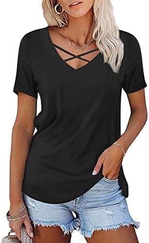 syoss Damen Casual Sommer V-Ausschnitt Kurzarm Tunika Top Criss Cross Komfort Bluse Shirts, 1-kurz, schwarz, Mittel von syoss