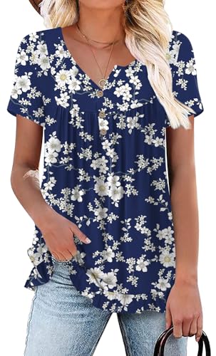 syoss Damen Sommer Kurzarm Rüschen Saum Henley Shirts Button Down Tunika Tops Casual Bluse Frühling T-Shirts, Weiße/Blumen, X-Groß von syoss