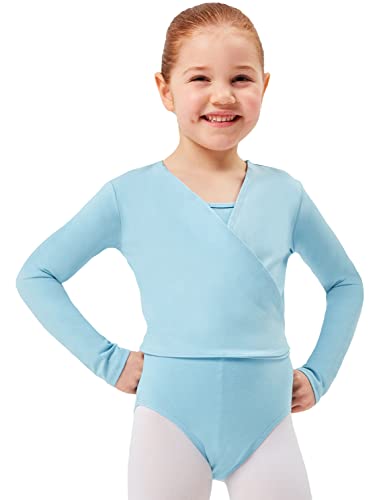 tanzmuster Ballett Wickeljacke Mädchen - Mandy - extra weicher Baumwollstoff - Ballettjacke zum Binden für Kinder - hellblau 140/146 von tanzmuster