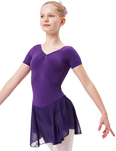 tanzmuster ® Ballettkleid Mädchen Kurzarm - Betty - aus Baumwolle mit Glitzersteinen und Chiffon Röckchen in lila, Größe:104/110 von tanzmuster