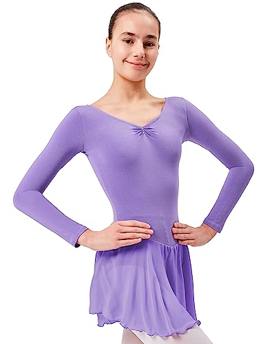 tanzmuster ® Ballettkleid Mädchen Langarm - Anna - aus weichem Baumwollstoff mit Glitzersteinen und Chiffon Röckchen fürs Kinder Ballett Ballettbodyin Lavendel, Größe:104/110 von tanzmuster