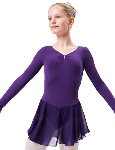 tanzmuster ® Ballettkleid Mädchen Langarm - Anna - aus weichem Baumwollstoff mit Glitzersteinen und Chiffon Röckchen fürs Kinder Ballett Ballettbody in lila, Größe:104/110 von tanzmuster