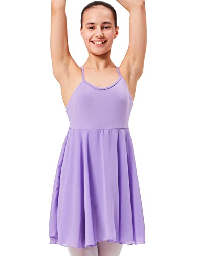 tanzmuster ® Ballettkleid Mädchen Träger - Alma - aus weicher Baumwolle mit langem Chiffon Röckchen Trikot Ballettanzug Ballettbody fürs Kinder Ballett in Lavendel, Größe:140/146 von tanzmuster