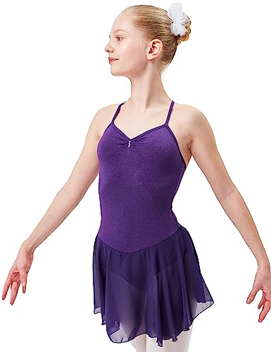 tanzmuster Kinder Ballettkleid Maja - süßer Spaghetti-Träger Ballettbody mit Chiffon Röckchen und Glitzersteinen in lila, Größe:152/158 von tanzmuster