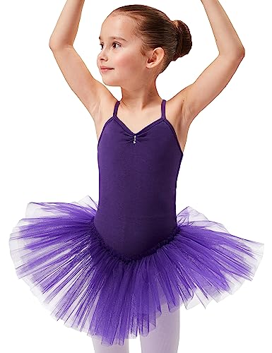 tanzmuster Ballettkleid Mädchen Tutu - Kim - weicher Baumwollstoff - Glitzersteine - Ballett Trikot mit Tüllrock für Kinder - lila, 116/122 von tanzmuster