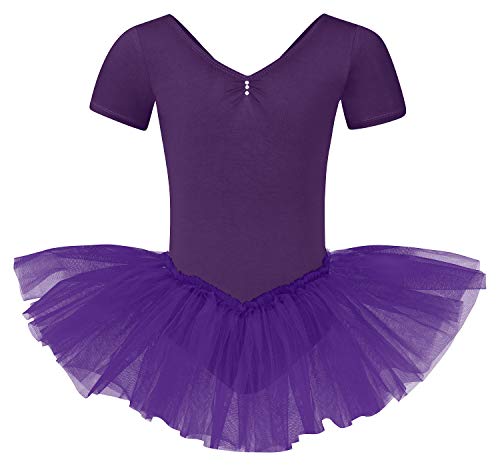 tanzmuster ® Ballettkleid Mädchen Tutu - Nele- aus weichem Baumwollstoff mit Glitzersteinen fürs Kinder Ballett Ballettbody Ballett Trikot, Lila 116-122 von tanzmuster