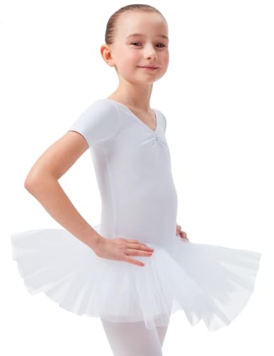 tanzmuster ® Ballettkleid Mädchen Tutu - Nele- aus weichem Baumwollstoff mit Glitzersteinen fürs Kinder Ballett Ballettbody Ballett Trikot, Weiß 104-110 von tanzmuster