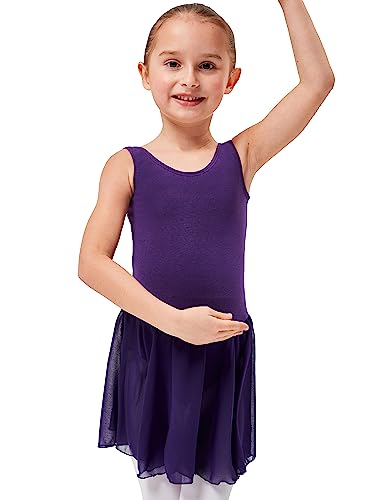 tanzmuster ® Ballettkleid Mädchen ärmellos - Minnie - aus weichem Baumwollstoff mit Chiffonröckchen Ballett Trikot Ballettanzug in lila, Größe:104/110 von tanzmuster