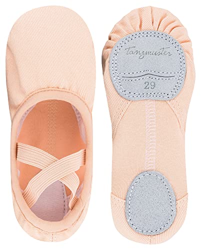 tanzmuster ® Ballettschuhe Mädchen Ballettschläppchen - Mika - Baumwoll-Stretcheinsatz, Geteilte Ledersohle, Rosa-Apricot, Größe 29 von tanzmuster