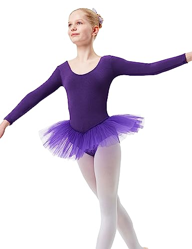 tanzmuster Ballettkleid Mädchen Langarm - Alea - Tutu aus weicher Baumwolle Ballettbody Ballett Trikot in lila, 92/98 von tanzmuster