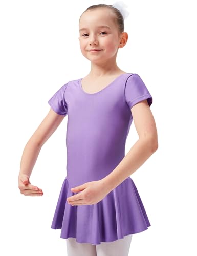 tanzmuster Kinder Kurzarm Ballett Trikot "Marina" mit Röckchen aus glänzendem Material in lavendel, Größe:128/134 von tanzmuster