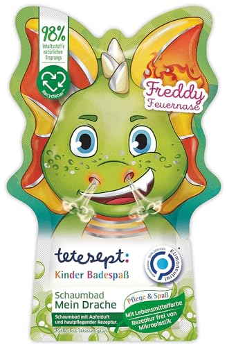 tetesept Kinder Badespaß Schaumbad Mein Drache mit fruchtigem Apfelduft und pflegender Hautrezeptur – Drachenstarker Badeschaum und grünes Wasser – 15 x 40 ml von tetesept