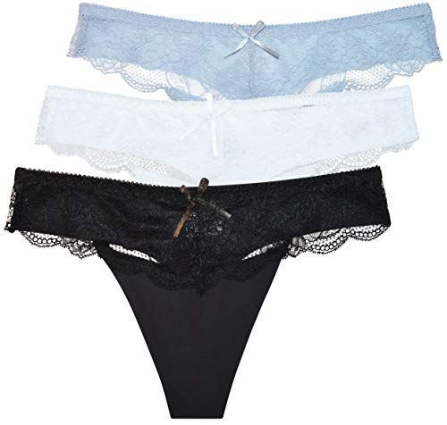 thb Richter Damen Unterhosen String Slips mit Lace Spitzen Stretch Elastisch Spurlos Höschen Tanga Thong Niedrige Bundhöhe Einfarbig Frauen Mädchen (3er-Set (Schwarz-Weiß-Hellblau), m) von thb Richter