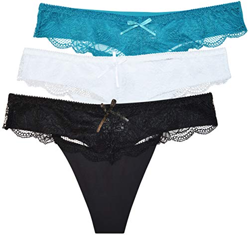 thb Richter Damen Unterhosen String Slips mit Lace Spitzen Stretch Elastisch Spurlos Höschen Tanga Thong Niedrige Bundhöhe Einfarbig Frauen Mädchen (3er-Set (Schwarz-Weiß-Petrol), m) von thb Richter