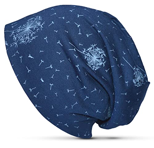 thb Richter Mütze Slouch Beanie Longbeanie Cap mit Pusteblumen Blumen Dandelion Jersey Blowball Weich Leicht Stretch für Damen/Herren/Junge/Mädchen Print Aufdruck (Navy) von thb Richter