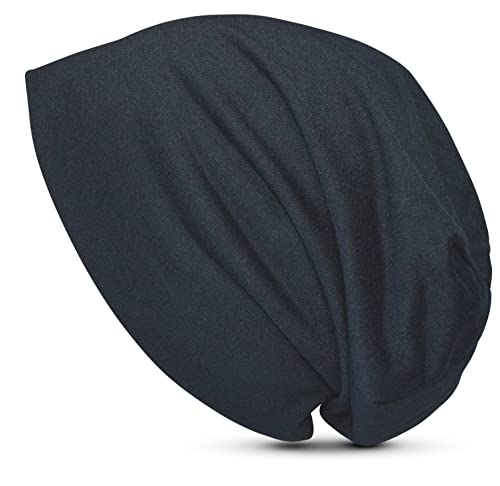 thb Richter Mütze Zweilagig Slouch Beanie Jersey Longbeanie Cap mit Streifen Weich Leicht gestreift Stretch für Damen/Herren/Junge/Mädchen (Uni-Schwarz) von thb Richter