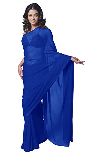 Damen Bollywood Chiffon Einfarbig Sari Festival Uniform Sari Wrap Stoff Ungenäht Bluse Stück Party Wear, Königsblau, Einheitsgröße von themilestocks