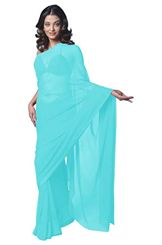 Damen Bollywood Chiffon Einfarbig Sari Festival Uniform Sari Wrap Stoff Ungenäht Bluse Stück Party Wear - Blau - Einheitsgröße von themilestocks