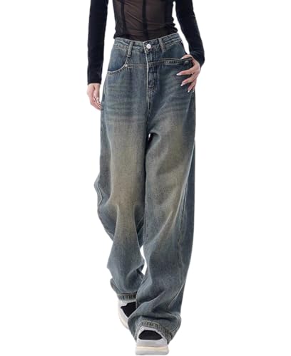 ticticlily Baggy Jeans Damen Y2K Hip Hop Jeanshose Straight Leg Teenager Jungen Skateboard Hose Cargohose Track Breites Bein Freizeithose Streetwear T8 Dunkelblau S von ticticlily