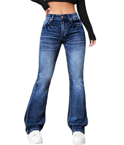 ticticlily Bootcut Jeans Damen Schlaghose Stretch Skinny Denim Hose Freizeithose 90er E-Girl Y2K Hip Hop Gewaschene Flared Outdoorhose A Dunkelblau S von ticticlily