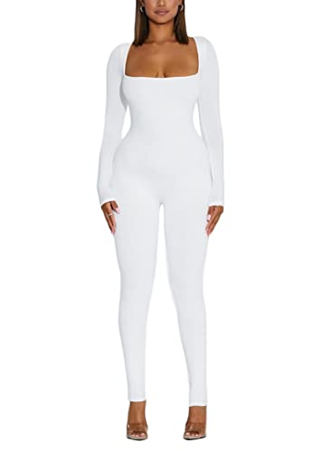 ticticlily Damen Jumpsuit Eng mit Reißverschluss Body Outfits Playsuit Langarm Bodycon Strampler Sportanzug Yoga Fitness Slim Jogginganzug B Weiß XS von ticticlily